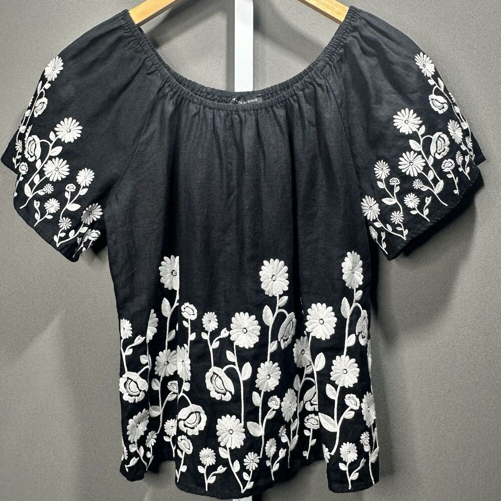 Saks Fifth Avenue Linen Top Women's XS Black White Floral Embroidered Blouse